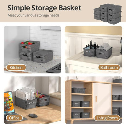 Plastic Storage Bins with Lids, Stackable Small Box Basket for Organizing and Containers for Shelves Drawers Desktop Closet Playroom Pantry Classroom Office Home, 8-pack 10.2x7.2x4.1 Inch, Gray