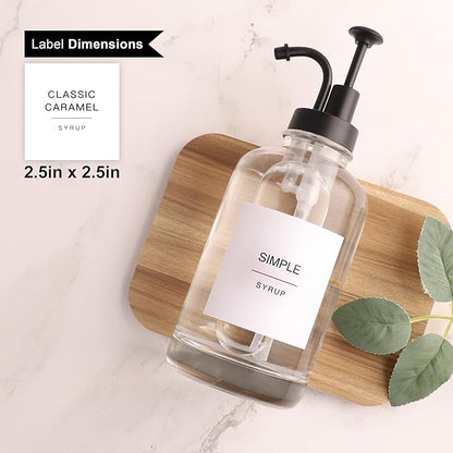 Glass Syrup Pump Bottle Dispenser for Coffee Bar Accessories with 84 Labels (Set of 2), 16.9 oz, Matte Black