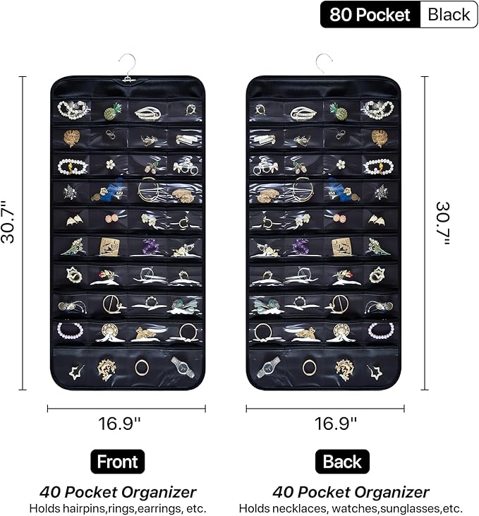 Hanging Jewelry Organizer Storage Roll with Hanger Metal Hooks Double-Sided Jewelry Holder for Necklaces, Earrings, Rings on Door, Wall, Closet, 80 Pocket Organizer,Black