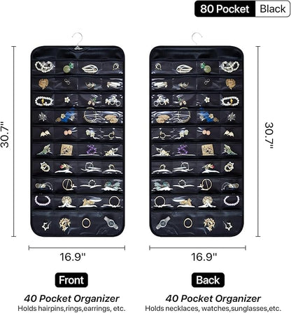 Hanging Jewelry Organizer Storage Roll with Hanger Metal Hooks Double-Sided Jewelry Holder for Necklaces, Earrings, Rings on Door, Wall, Closet, 80 Pocket Organizer,Black