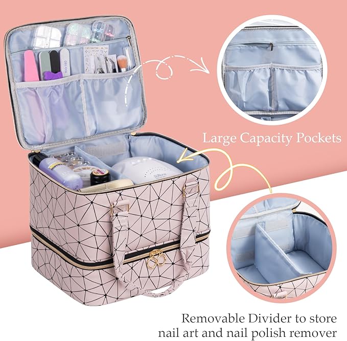 Uross Nail Polish Organizer Bag Holds 42 Bottles Nail Polish & Nail Lamp, Gel Nail Polish Organizers and Storage box for Nail Tech, Nail Kit Supplies Organizer Case - Lightpink