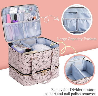Uross Nail Polish Organizer Bag Holds 42 Bottles Nail Polish & Nail Lamp, Gel Nail Polish Organizers and Storage box for Nail Tech, Nail Kit Supplies Organizer Case - Lightpink