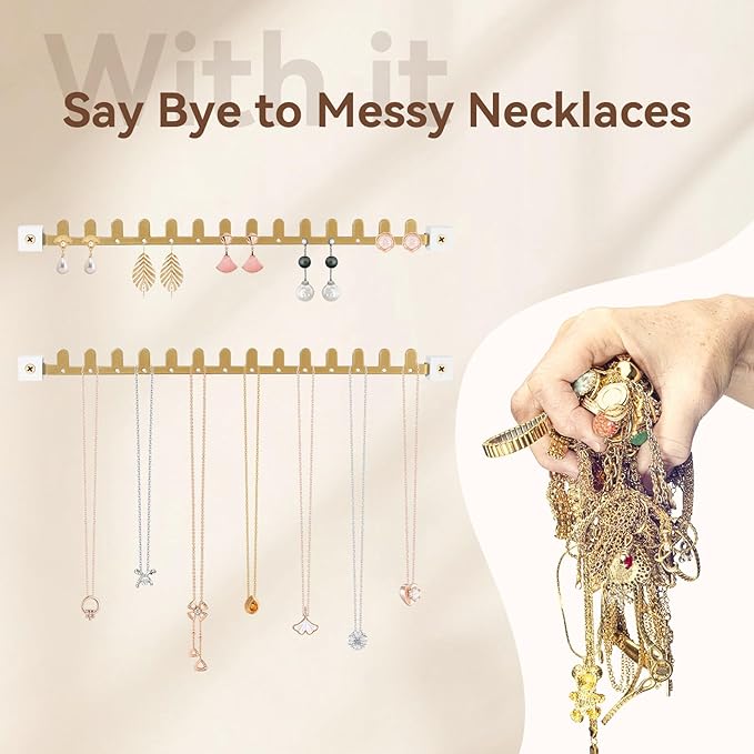 Wall Necklace Holder Hanging Jewelry Organizer 2 Pack Metal Necklace Organizer, Space-saving Jewelry Display for Necklaces & Earrings，Gold，Screws Included