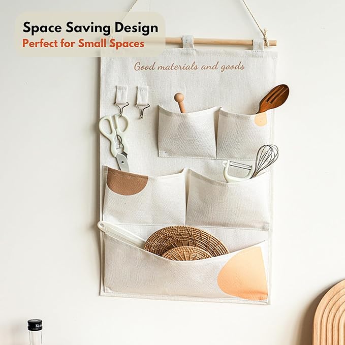 Wall Hanging Organizer with Pockets, Over Door Storage Organizer with Wooden Rod, Multi Pocket Fabric Wall Organizer for Bedroom Bathroom Closet Door, Space Saving Hanging Storage Bag (5)