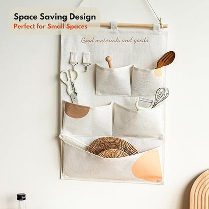 Wall Hanging Organizer with Pockets, Over Door Storage Organizer with Wooden Rod, Multi Pocket Fabric Wall Organizer for Bedroom Bathroom Closet Door, Space Saving Hanging Storage Bag (12)