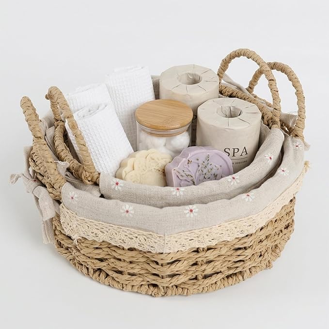 Small Wicker Storage Baskets for Organizing, Set of 2 Round Woven Basket with Handles & Removable Daisy Liner, Boho Paper Rope Cute Baskets for Gift, Decor, Pantry, Shelf, Table, Kitchen