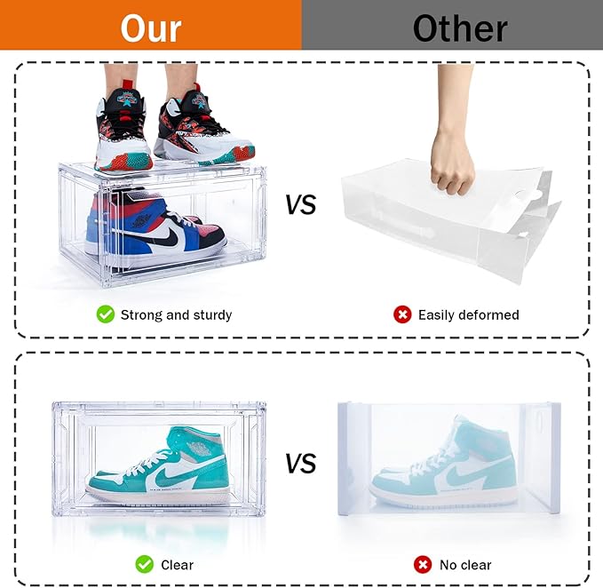 6 Pack Shoe Boxes Clear Stackable, Large Shoe Storage Boxes, Space Saving Acrylic Shoe Boxes, Foldable Shoe Container Boxes that Fits Up to Size 14 Shoes (10 Pack Transparent)