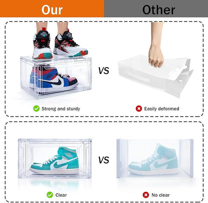 6 Pack Shoe Boxes Clear Stackable, Large Shoe Storage Boxes, Space Saving Acrylic Shoe Boxes, Foldable Shoe Container Boxes that Fits Up to Size 14 Shoes (10 Pack Transparent)
