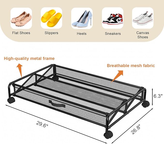 Under Bed Shoes Storage, 2 Pack Rolling Under-bed Storage Containers with Wheels, Under Bed Shoe Organizer Breathable Mesh Fabric with Metal Frame