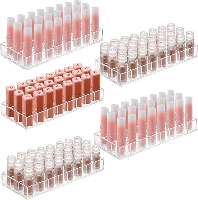 Kigley Clear Lipstick Organizer Acrylic Lip Gloss Holder Cosmetic Storage Lipstick Display Case for Women Perfume Sample Drawer Brushes Bottles Birthday Gift (5 Pcs,24 Grid)