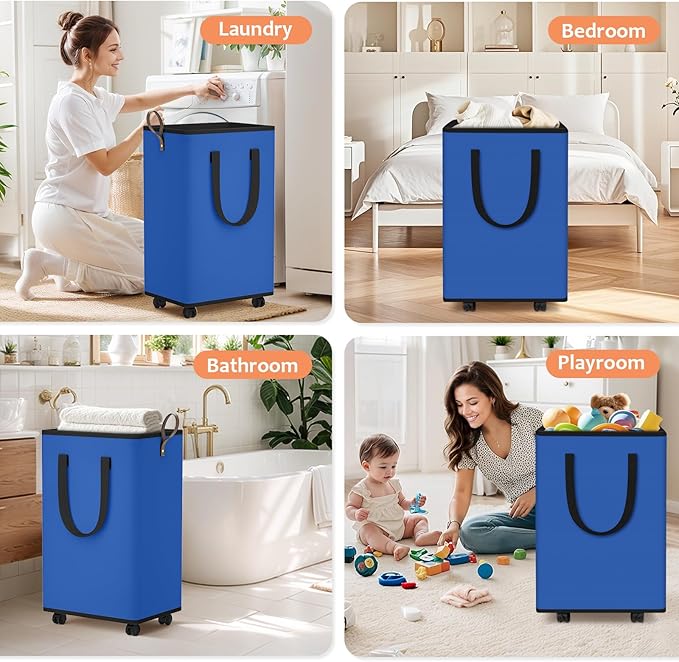 SpaceTrove Laundry Basket with Wheels, Collapsible Laundry Baskets, Laundry Hamper with Handles Detachable Wheels, Rolling Laundry Basket, Dirty Clothes Hamper for Bathroom, Dorm, Bedroom, Blue, 80L