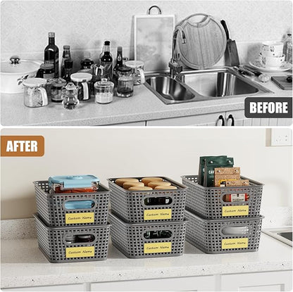 8 Pcs Plastic Storage Baskets with Plastic Lids and Labels 5.29qt Stackable Box Basket Pantry Decorative Containers, Small Storage Bins for Desktop Organizing Shelves Drawers Cabinets 10*7.2*4.1"