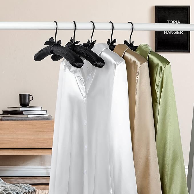 TOPIA HANGER Padded Hangers for Women Clothing,17-inch Satin Hangers 10 Pack Thick Foam Padded No Shoulder Bump for Sweaters, Coat, Blouses, Dresses-Black, CT18B-10