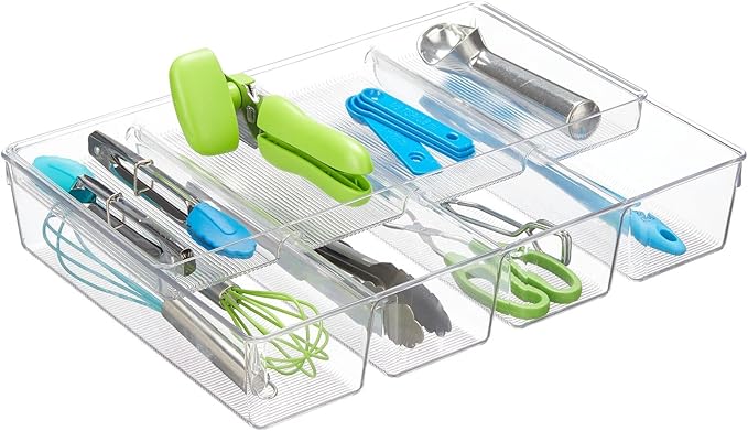 mDesign Plastic Kitchen Drawer Organizer Tray Set - Horizontal Storage Bin for Organizing Cutlery, Flatware, Silverware, Utensil, and Appliances - Ligne Collection - Clear