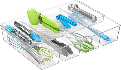 mDesign Plastic Kitchen Drawer Organizer Tray Set - Horizontal Storage Bin for Organizing Cutlery, Flatware, Silverware, Utensil, and Appliances - Ligne Collection - Clear