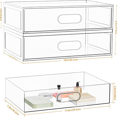 Clear Stackable Makeup Organizer with Drawer, 12''W Acrylic Storage Drawers, Cosmetic Display Case for Vanity Bathroom Countertop, Beauty Holder for Lipstick Brush Skincare Perfume (3 Tier)