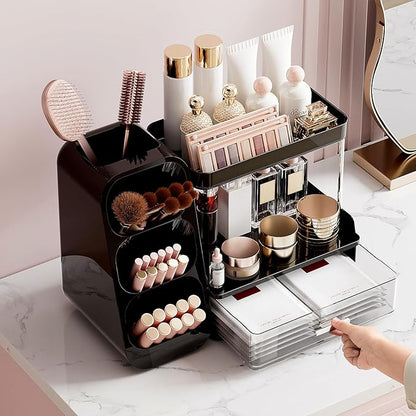 Makeup Organizer for Vanity with Brush Holder, 2 Tiers Countertop Skincare, Cologne Organizer and Perfume Stand for Men Bathroom Vanity, Large Capacity Makeup Storage, Black
