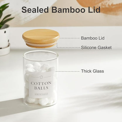 INIUNIK 2 Pack Qtip Holder Dispenser - Glass Apothecary Jars with Lids, Cotton Ball Pad Swab Round Holder, Bamboo Bathroom Accessories, Bathroom Organizers Containers Jars Canisters with Lids