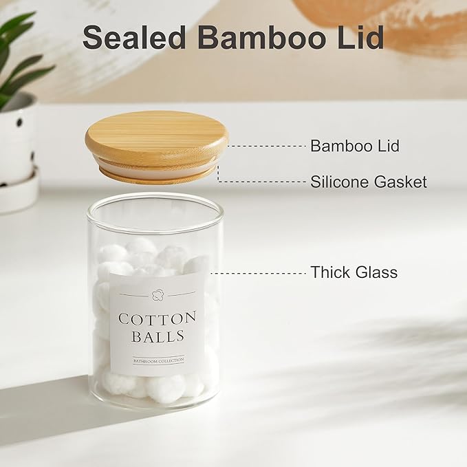 INIUNIK 3 Pack Qtip Holder Dispenser - Glass Apothecary Jars with Lids, Cotton Ball Pad Swab Round Holder, Bamboo Bathroom Accessories, Bathroom Organizers Containers Jars Canisters with Lids