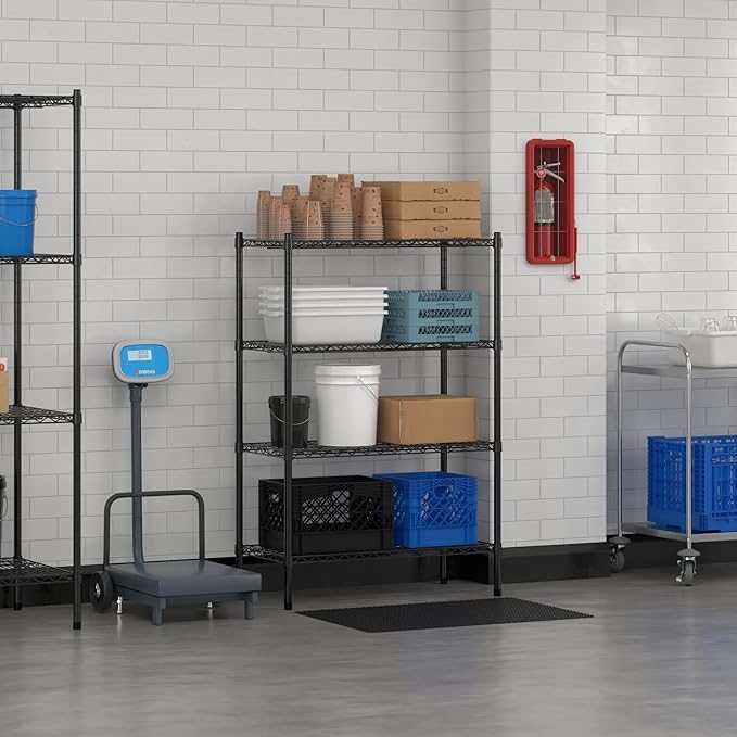 Commercial NSF Listed Black Epoxy Stationary Wire Shelving Kit 18" x 36" x 54", with 4 Shelves Perfect for Warehouse, Walk-in Refrigerator, Freezer, Grocery Store, Restaurant, Dishroom