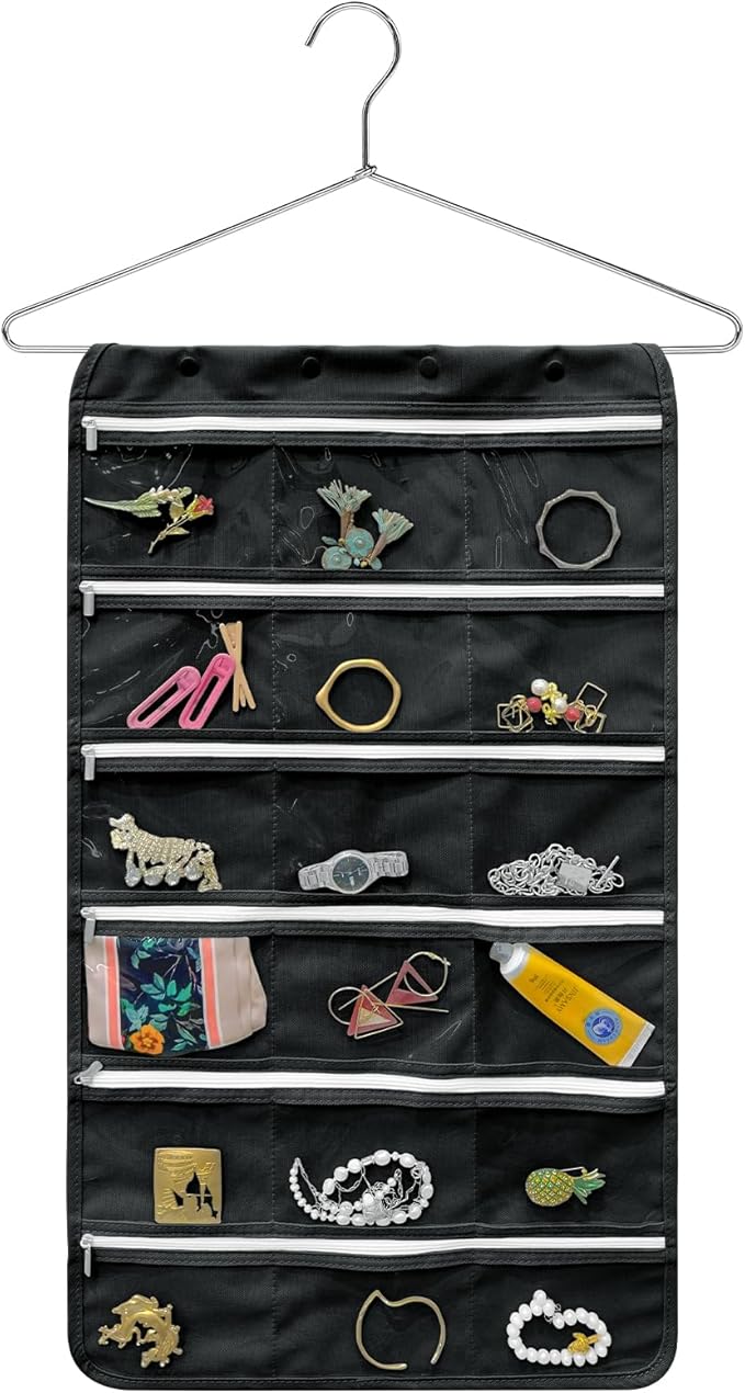 Bloss Hanging Jewelry Organizer, Black Earring Travel Storage Holder with 36 Zippered Pockets for Suitcase, Closet, Foldable Roll Case