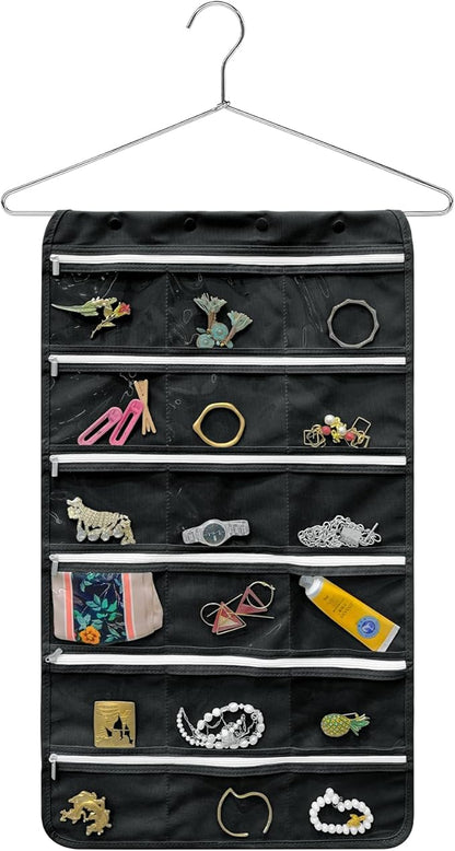 Bloss Hanging Jewelry Organizer, Black Earring Travel Storage Holder with 36 Zippered Pockets for Suitcase, Closet, Foldable Roll Case