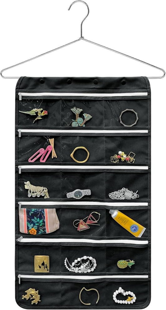 Bloss Hanging Jewelry Organizer, Black Earring Travel Storage Holder with 36 Zippered Pockets for Suitcase, Closet, Foldable Roll Case