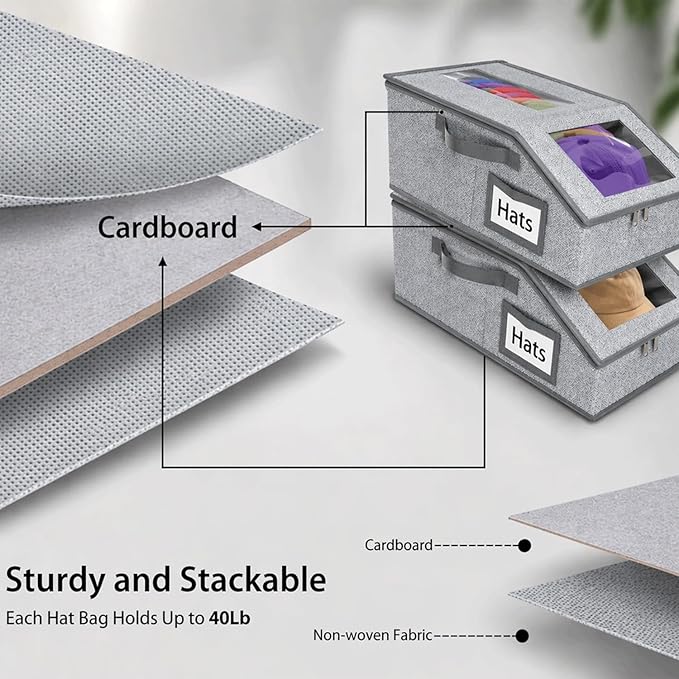 2 PCS Hat Organizer Storage Box for Closet, Stackable Hat Storage Box With Clear Window, Baseball Cap Organizer, Hat Storage Case, Dustproof Hat Holder Bin for Closet Shelf Wardrobe (Grey)