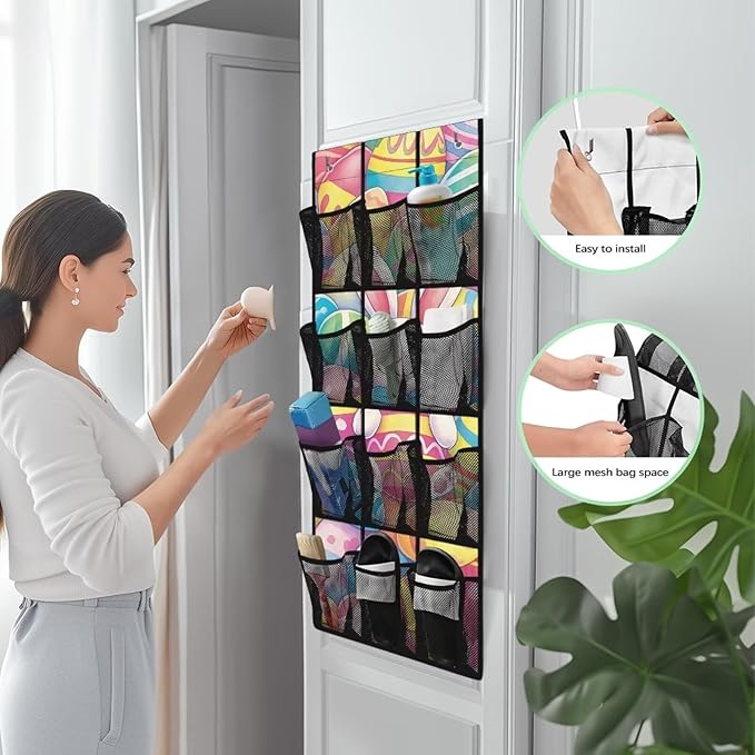 Large Capacity 12-Pocket Behind The Door Hanging Organizer, Oxford Fabric Waterproof Foldable Storage Bag for Bathroom Bedroom Pantry, Easter Bunny Eggs