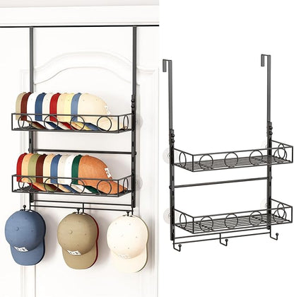Over Door Hat Organizer 3 Tier Wall Mounted Hat Rack with 2 Adjustable Metal Basket and 3 Hooks Hat Organizer for Baseball caps Hat Hanger Holder Display for Door Closet, Cap Organizer Storage