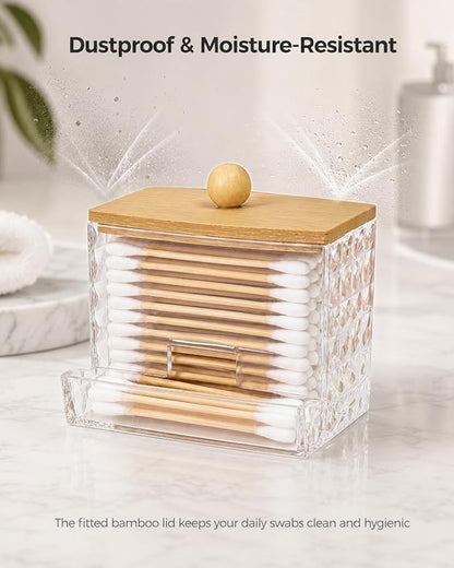 Diamond Pattern Cotton Swab Holder with Bamboo Lid - Clear Bathroom Vanity Organizer, Shatterproof U-Slot Swab Dispenser, Apothecary Jar for Cotton Swabs & Countertop Storage
