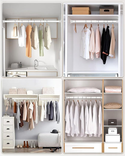 Closet Rods for Hanging Clothes - Heavy Duty, Length Adjustable (White, 42.5" - 52")