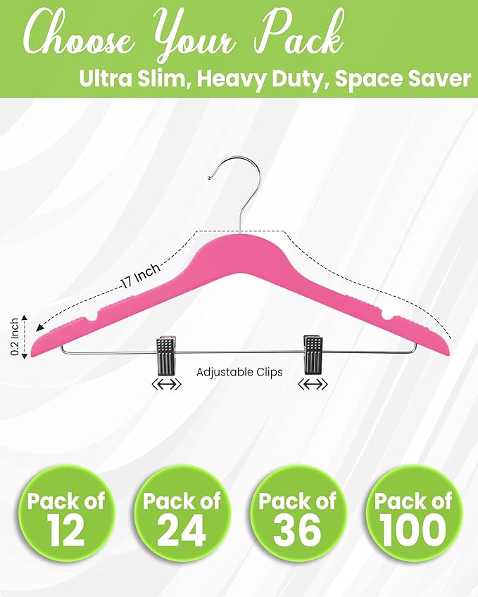 All Hung Up Hangers Slim Plastic Clothes Hangers with Clips, Space-Saving Design with Non-Slip Grip, Durable for Everyday Use, Hot Pink, 24pcs