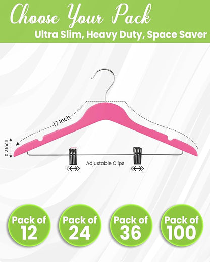 All Hung Up Hangers Slim Plastic Clothes Hangers with Clips, Space-Saving Design with Non-Slip Grip, Durable for Everyday Use, Hot Pink, 24pcs