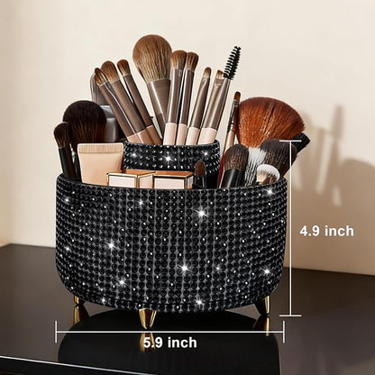Diesisa Bling Makeup Organizer: 360°Rotating Bling Rhinestone Cosmetic Display Cases -Diamond Makeup Brush Holder - 5 Slot Cup for Cosmetics - Bling Lipstick Organizer - Gift for Women - Diamond Black