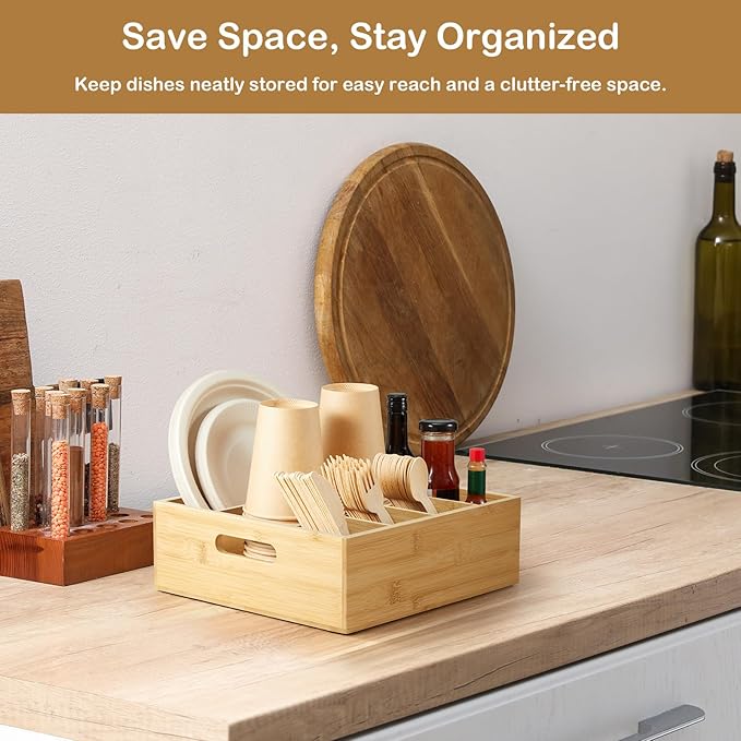 Bamboo Utensil Holder for Party, 6-Compartment Paper Plate and Silverware Organizer with Handles, Utensil Caddy for Parties, Outdoor Gatherings, and Kitchen Countertop Organization