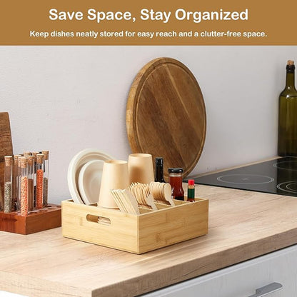 Bamboo Utensil Holder for Party, 6-Compartment Paper Plate and Silverware Organizer with Handles, Utensil Caddy for Parties, Outdoor Gatherings, and Kitchen Countertop Organization