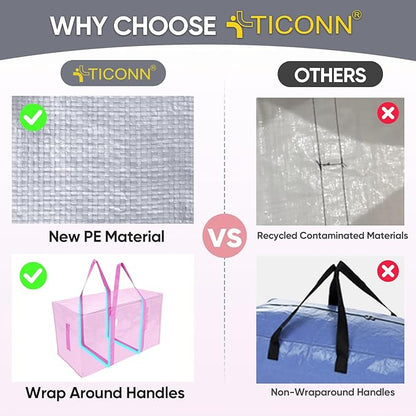 TICONN 6 Pack Extra Large Moving Bags Heavy Duty with Zippers & Carrying Handles, Durable Storage Bags Moving Boxes for Closet Organizers and Storage (6 Pack, Pink)