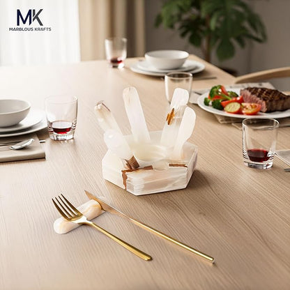 Marble White Onyx Utensil Rest Piece 3" H, Ideal for Organizing Spoons and Forks, 4" Cutlery Rest Holder, Modern Kitchen Accessory, Perfect for Everyday Use.