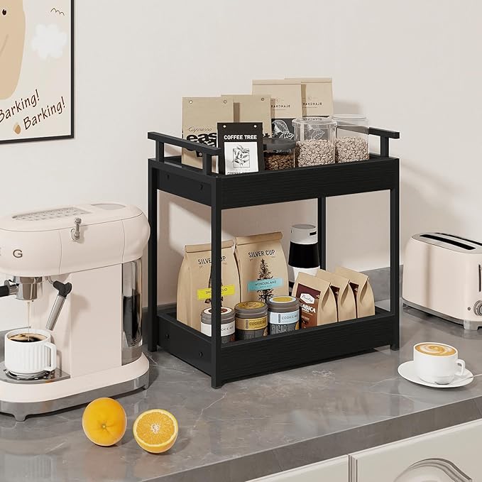 Bathroom Organizer Countertop, 2 Tier Wooden Vanity Counter Organizer, Decorative Tiered Bathroom Shelf for Storage, Coffee Bar Makeup Perfume Caddy, Black