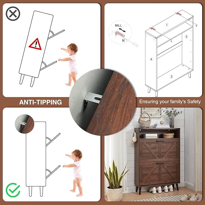 Barnyatoh Shoe Storage Cabinet,Farmhouse Shoe Organizer with 2 Flip Drawers & Barn Door Design,Freestanding Hidden Slim Narrow Shoe Rack Cabinet with Open Storage for Entryway, Foyer,Hallway, Walnut