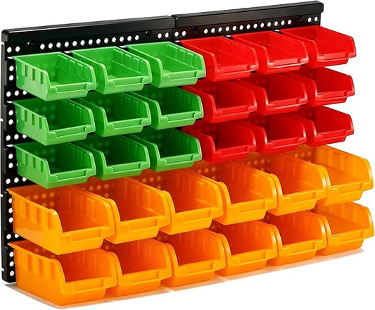 30-Bin Wall Mounted Storage Bins Kit, Tool Organizer Rack, Garage Hardware Organizer, Parts Storage Bins, DIY Combination(Red & Green & Orange Type)