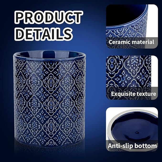 KOOV Kitchen Utensil Holder, Large Utensil Holders for Countertop, 6 x 7 Inches Ceramic Utensil Crock, Deep and Stable, Cooking Utensil Holder, Embossed Pattern (BLue)