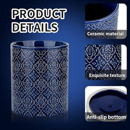 KOOV Kitchen Utensil Holder, Large Utensil Holders for Countertop, 6 x 7 Inches Ceramic Utensil Crock, Deep and Stable, Cooking Utensil Holder, Embossed Pattern (BLue)