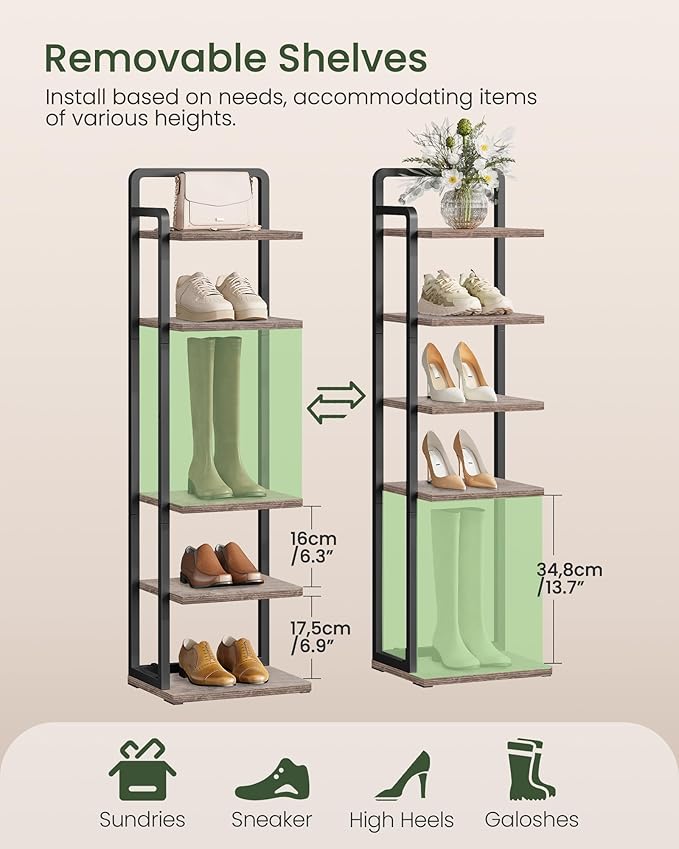 CHOEZON 6-Tier Vertical Shoe Rack, Narrow Shoe Tower, Corner Shoe Storage Organizer, Shoe Shelf, for Small Spaces, Industrial Style, for Entryway, Hallway, Living Room, Greige and Black TXJ06BG