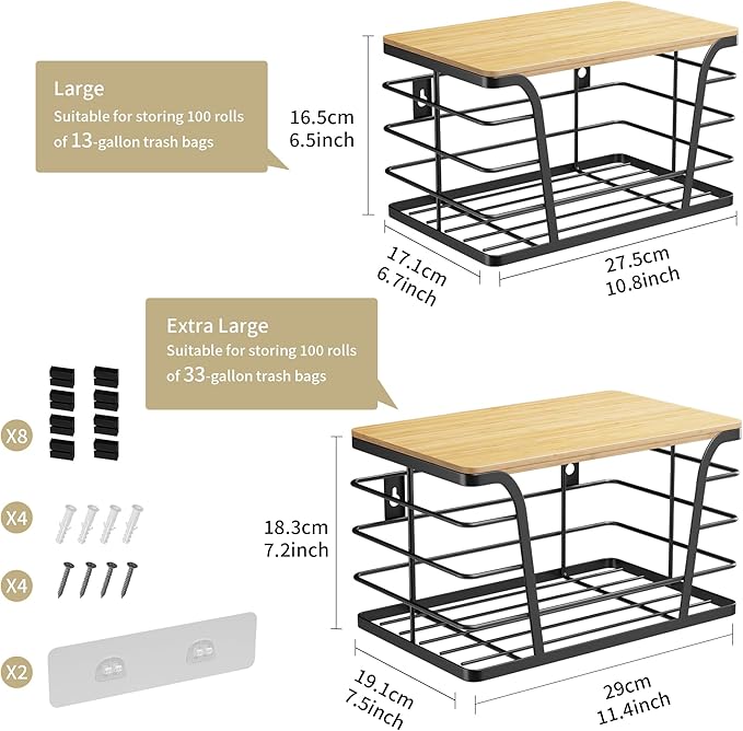 TIDIIABODE 2 Pack Extra Large Pantry Storage Organizers, Pantry Baskets organization, Potato and Onion Storage Bin, Wall Mount Trash Bag Storage for 13-33 Gallon Bags with Bamboo Top, Black