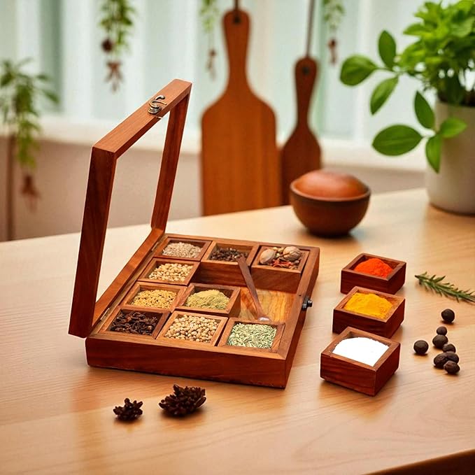 Wooden Spice Box, Masala Container, Condiments Storage Case for Kitchen, Multipurpose Decorative Box - Indian Rosewood Crafted