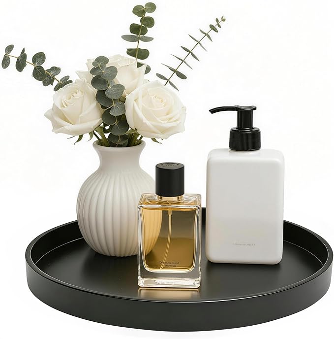 Bathroom Vanity Tray, 1 Pack 9" ABS Black Round Vanity Trays for Bathroom Counter, Dresser Decor Trays for Perfume, Candles, Keys, Kitchen Countertop Organizer, Decorative Tray Soap Holder