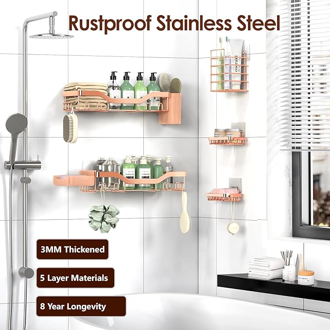NESOMI Shower Caddy Adhesive Shower Organizer 7-Pack, Rustproof Stainless Steel Bathroom Shelves, Large Capacity No-Drill Rack Storage Accessories with Soap Dish Toothbrush Holder Hooks