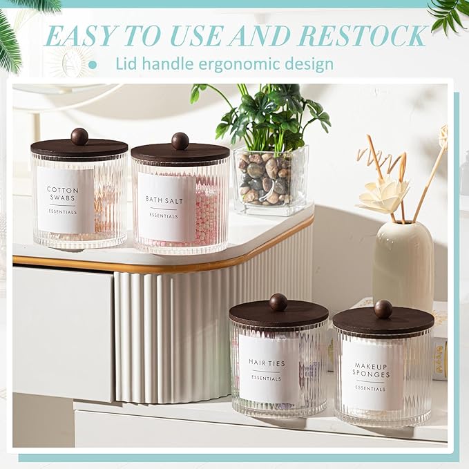 Yaomiao 6 Pcs Ribbed Bathroom Canisters Apothecary Jars with Brown Bamboo Lids and Label Stickers, 18 oz Plastic Canister with Fluted Design for Cotton Ball, Swab, Floss Picks House Storage